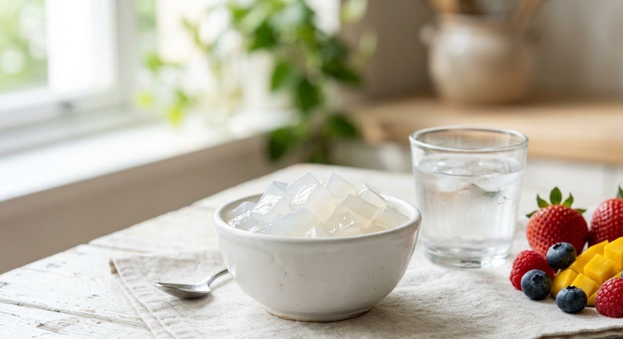 A light serving of drained nata de coco cubes with fresh fruit